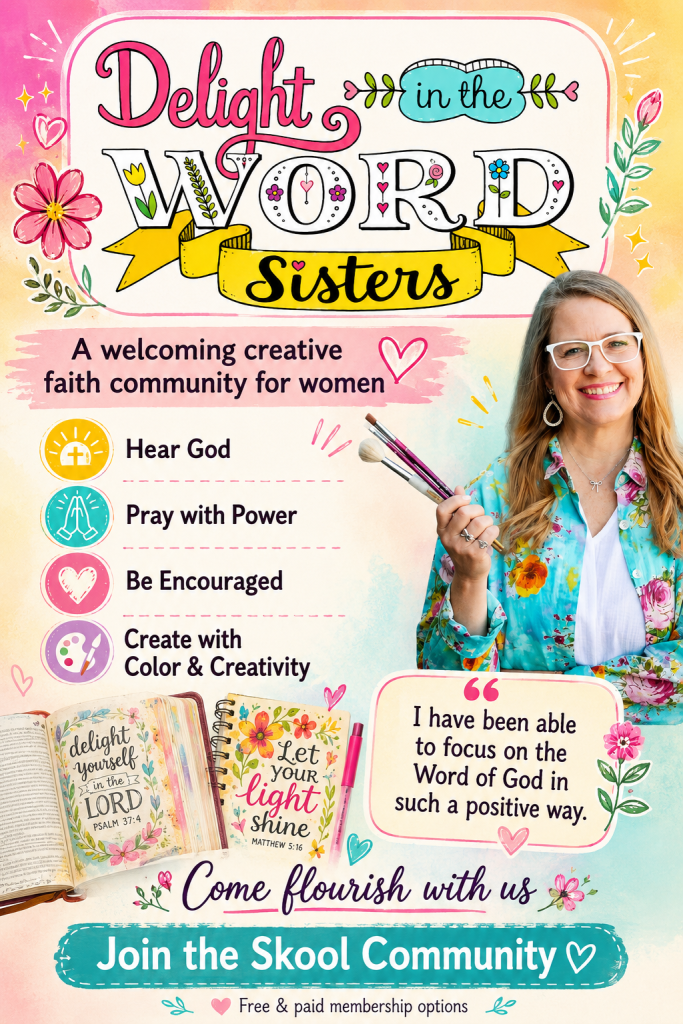 pic of JoDitt and colorful Bible pages inviting women to join Skool community