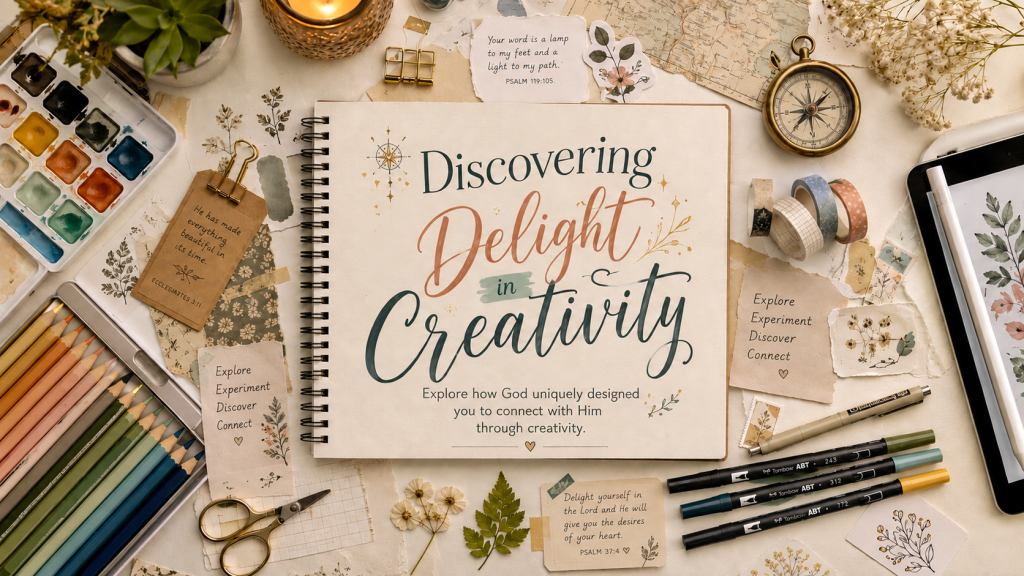 desk covered in art supplies and notebook titled Discovering Delight in Creativity