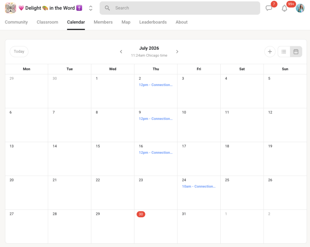 screenshot of skool calendar from delight in the word sisters