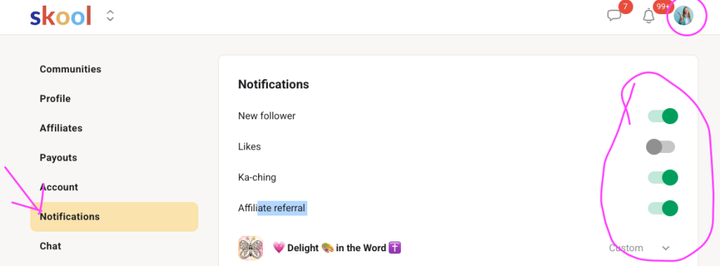 screenshot of skool notifications settings