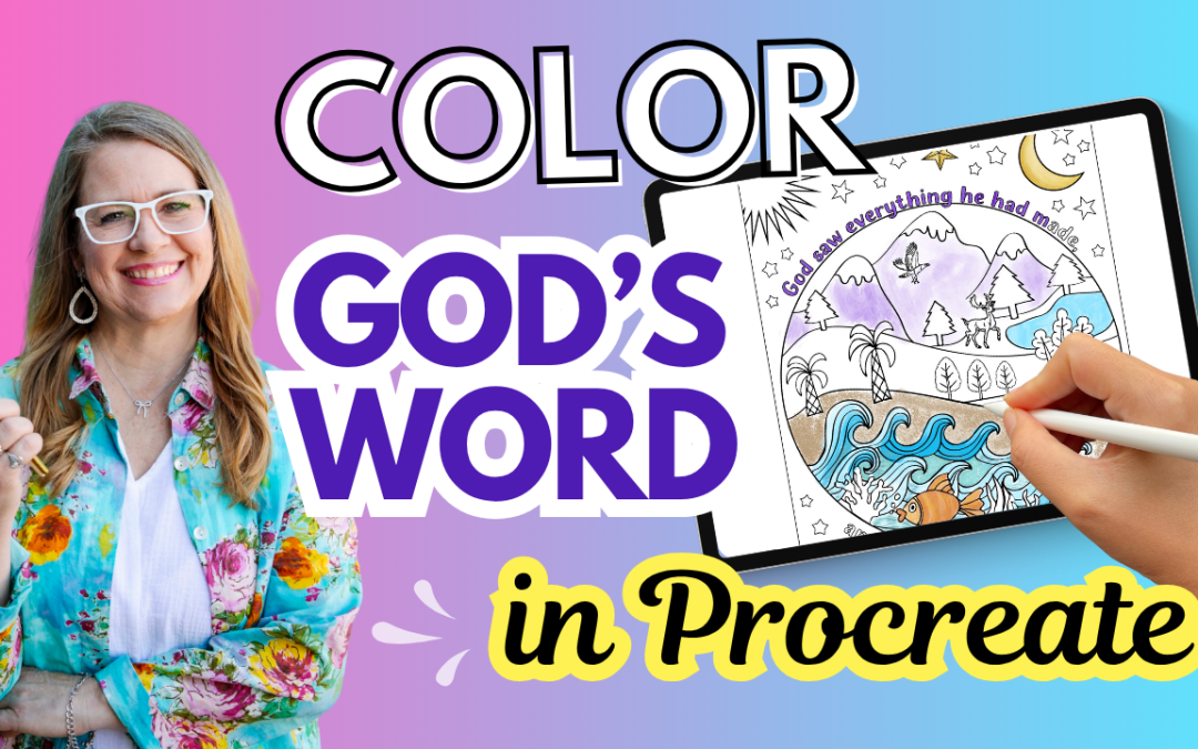 Color God's Word in Procreate showing a coloring page of Genesis 1:31 partially colored on an iPad