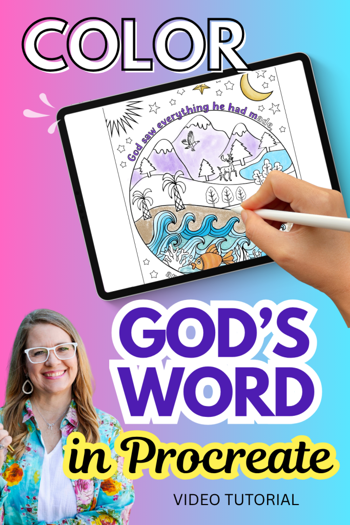 ipad with partially colored Bible verse coloring page with headline, Color God's Word in Procreate